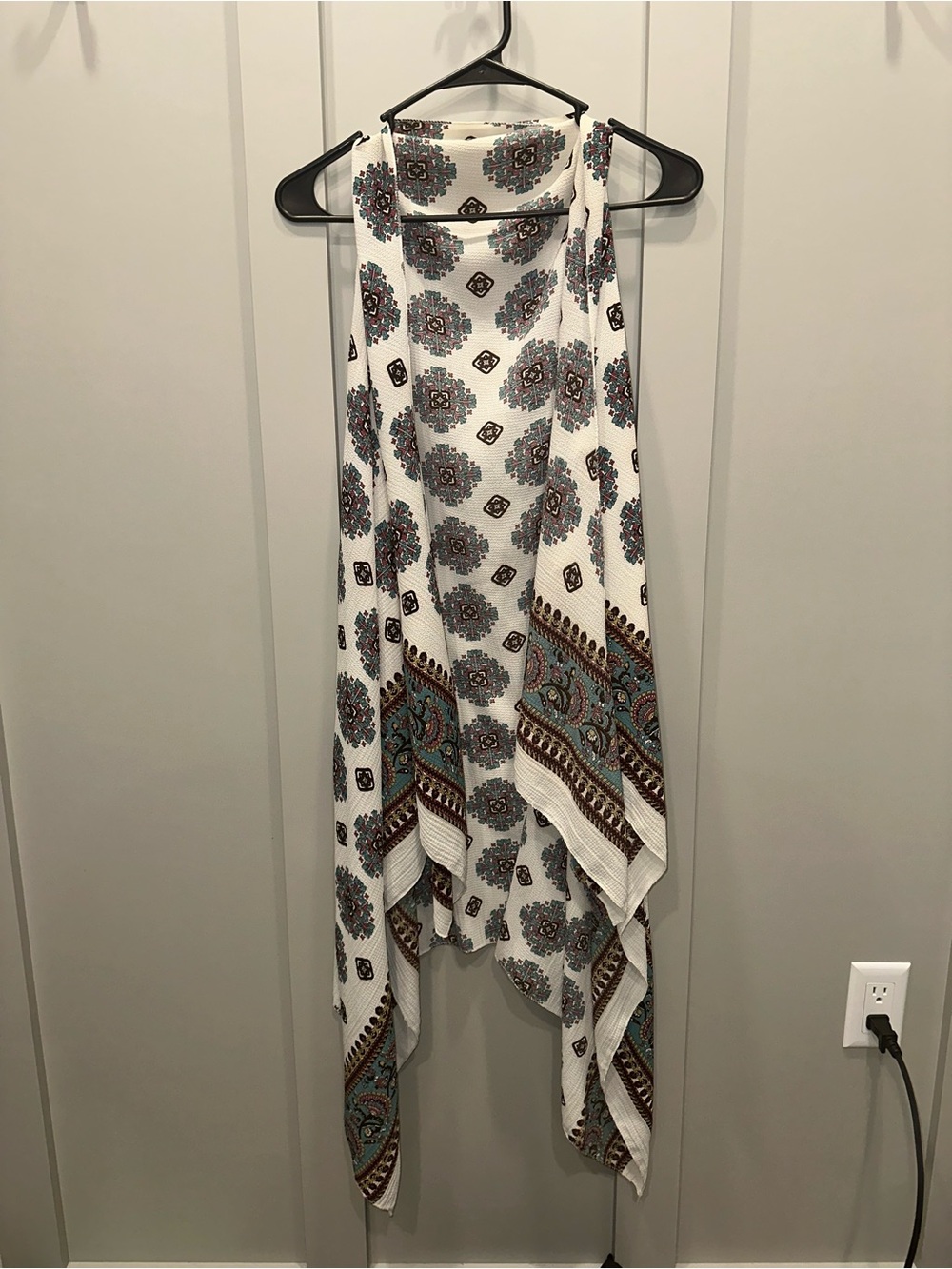 Lightweight Printed Shawl Wrap in White with Teal & Brown
